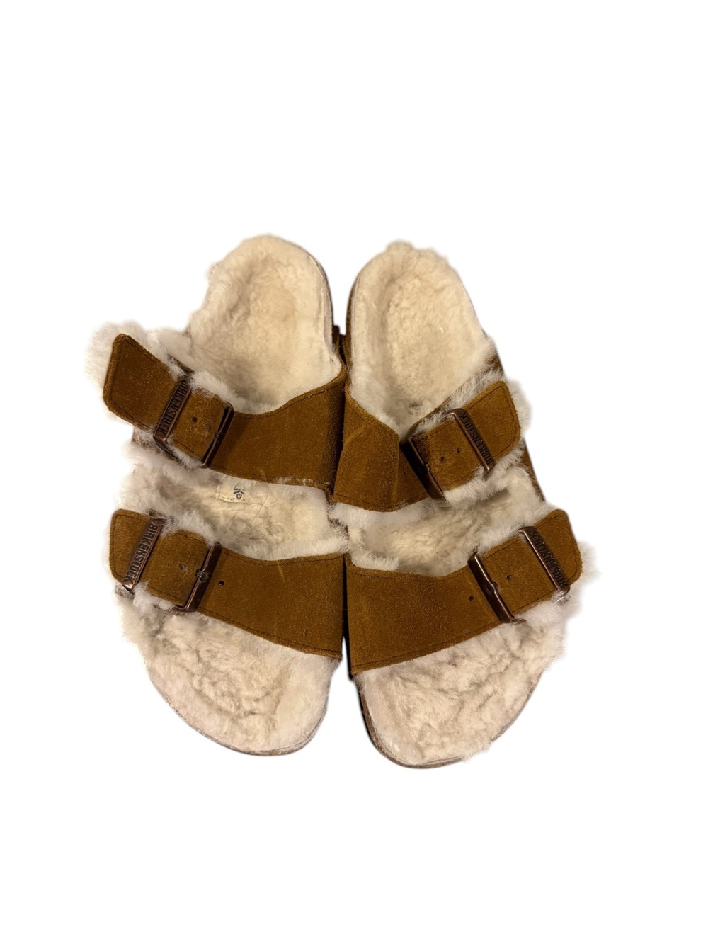 Birkenstock Arizona Women’s Shearling-Lined Suede Slide Sandals in Tan & Cream